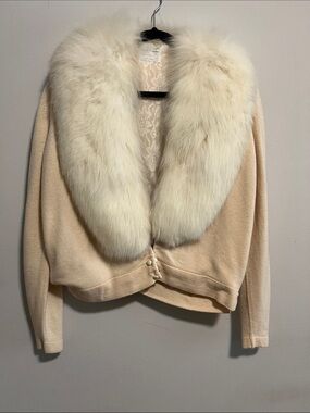 Vintage Luxurious Cream real Fur-Trim Cardigan Sweater